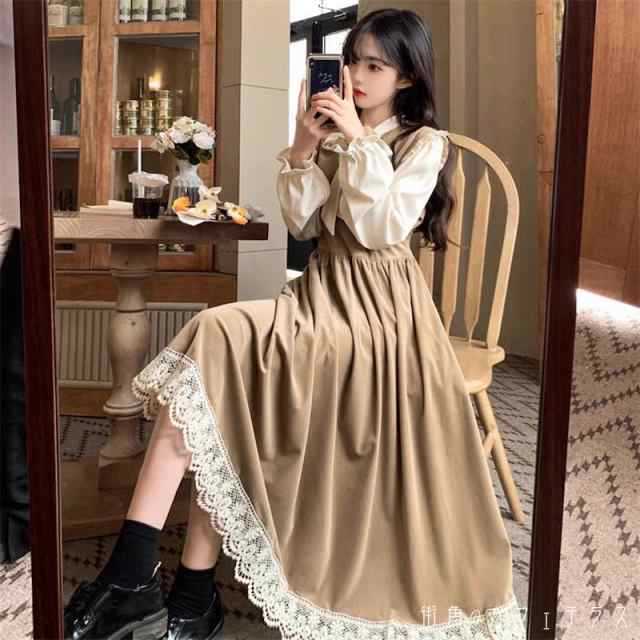 レディース ワンピース ロング丈 ミモレ丈 キュート リボン フリル カラー切り替え フェイクレイヤード レトロ 大人かわいい 姫 ドール こなれ感 ふんわり袖 長袖 キャメル ブラウン ブラック 茶